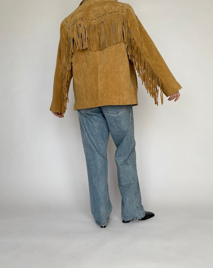 VINTAGE HONEY BROWN FRINGE SUEDE LEATHER JACKET 4785