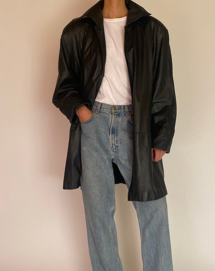 VINTAGE BLACK LONG LEATHER JACKET 4830
