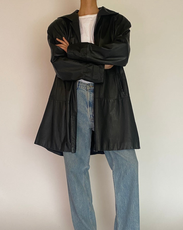 VINTAGE BLACK LONG LEATHER JACKET 4830