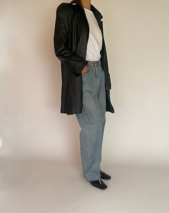 VINTAGE BLACK LONG LEATHER JACKET 4830