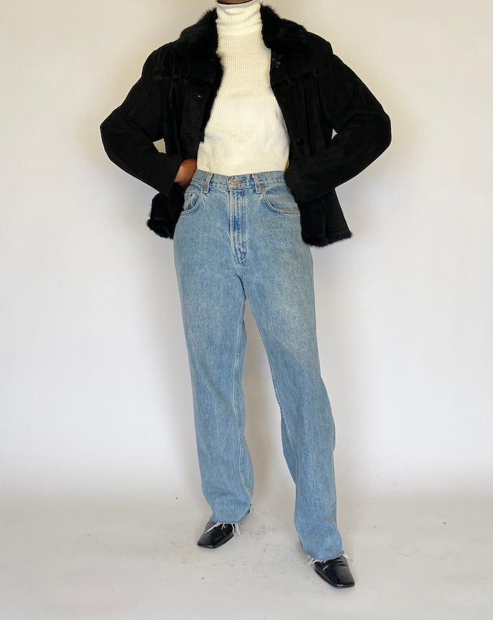 VINTAGE BLACK LEATHER JACKET WITH FUR LINING 4485