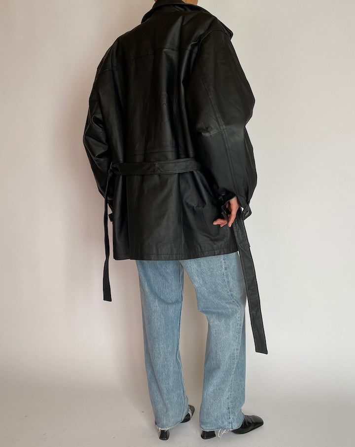 Vintage Oversized Black Trench Leather Jacket 5214