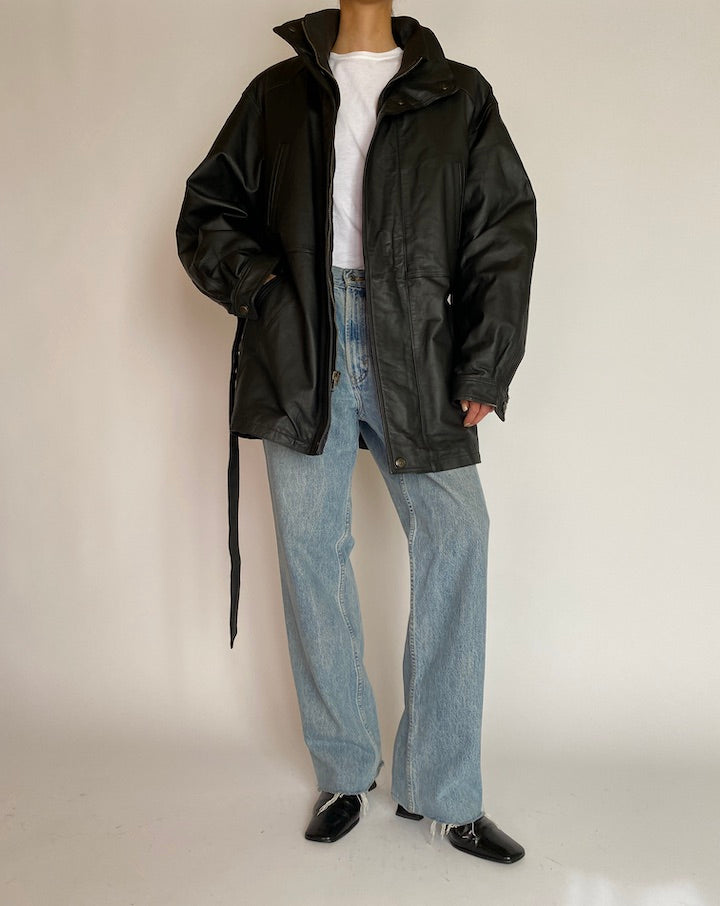 Vintage Oversized Black Trench Leather Jacket 5214