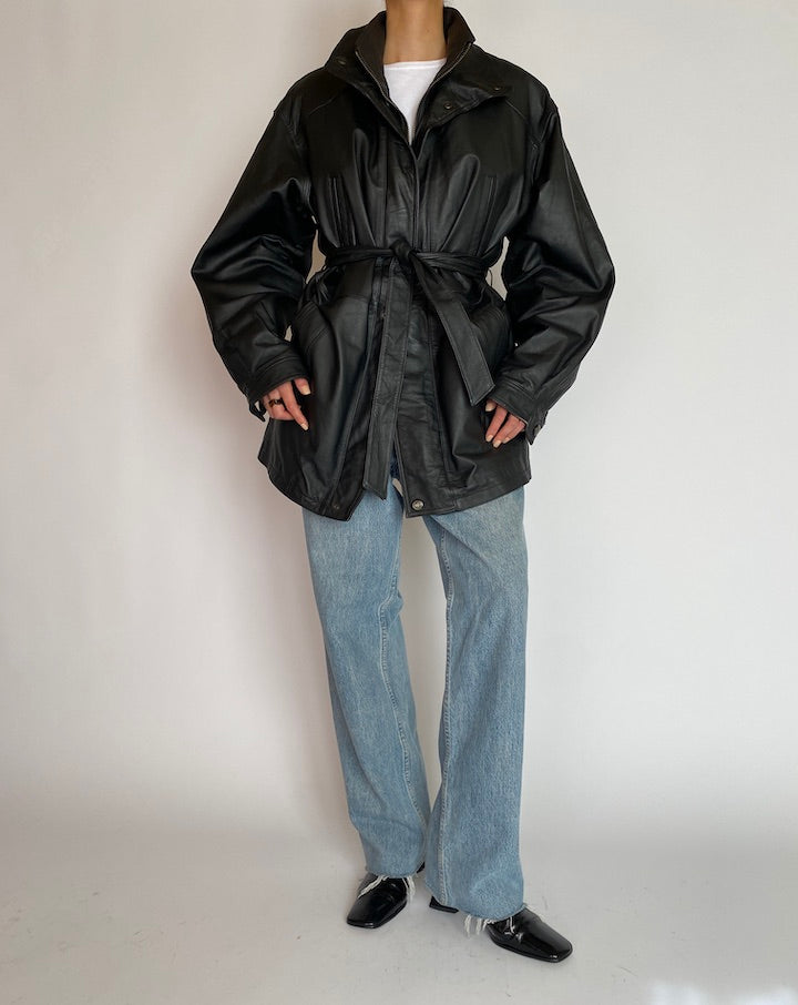 Vintage Oversized Black Trench Leather Jacket 5214