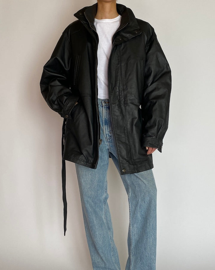 Vintage Oversized Black Trench Leather Jacket 5214