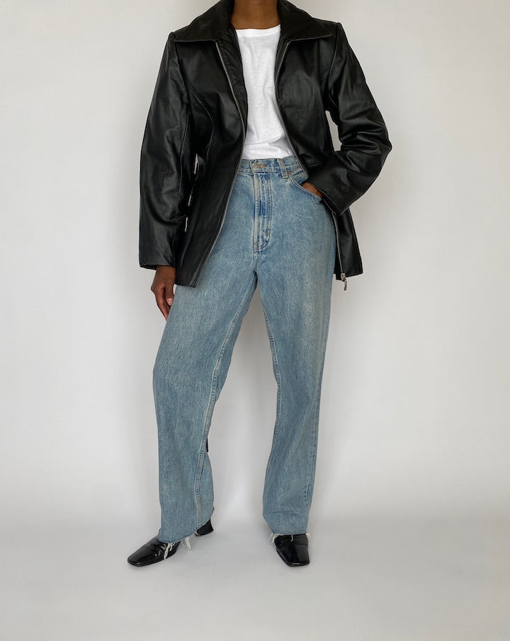 Vintage Black Short Leather Trench Jacket 4700