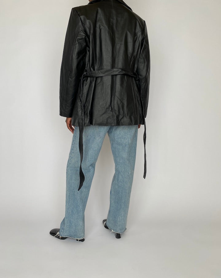 Vintage Black Short Leather Trench Jacket 4700