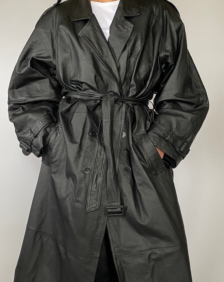 VINTAGE OVERSIZED LONG BLACK LEATHER TRENCH COAT 5217