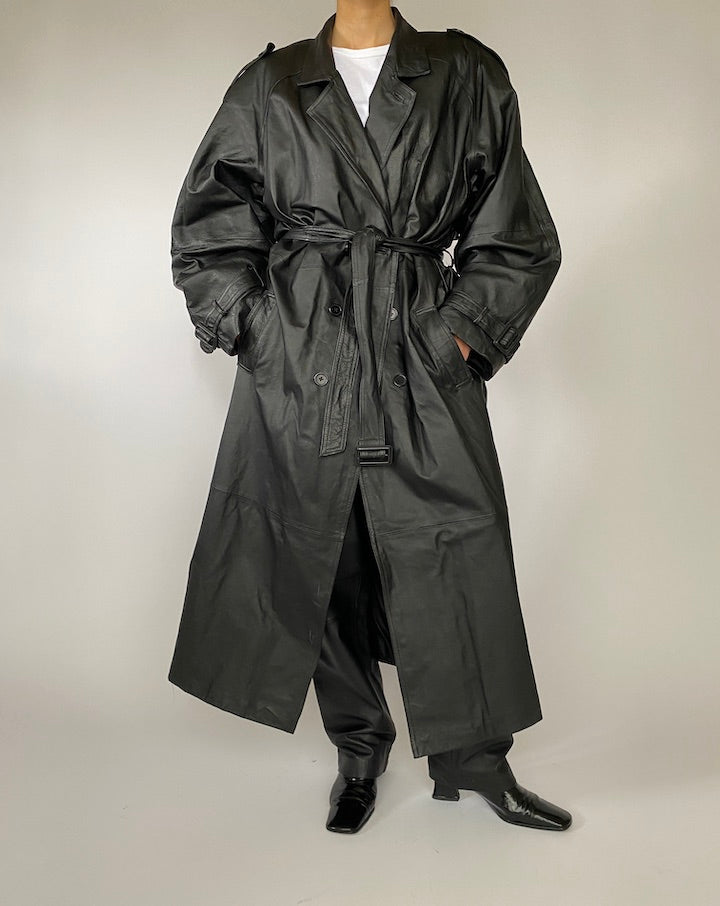 VINTAGE OVERSIZED LONG BLACK LEATHER TRENCH COAT 5217