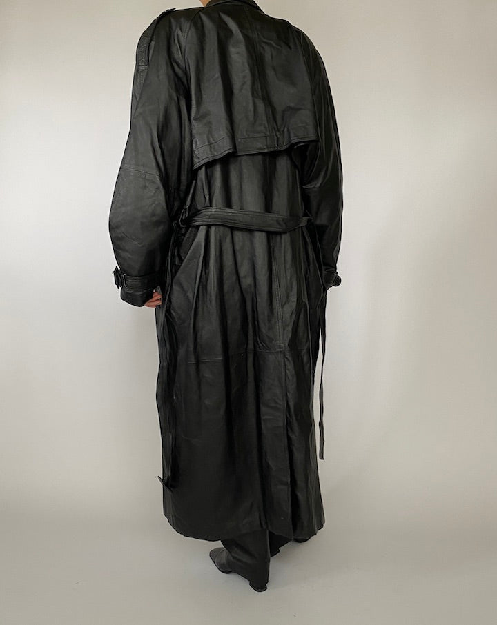 VINTAGE OVERSIZED LONG BLACK LEATHER TRENCH COAT 5217
