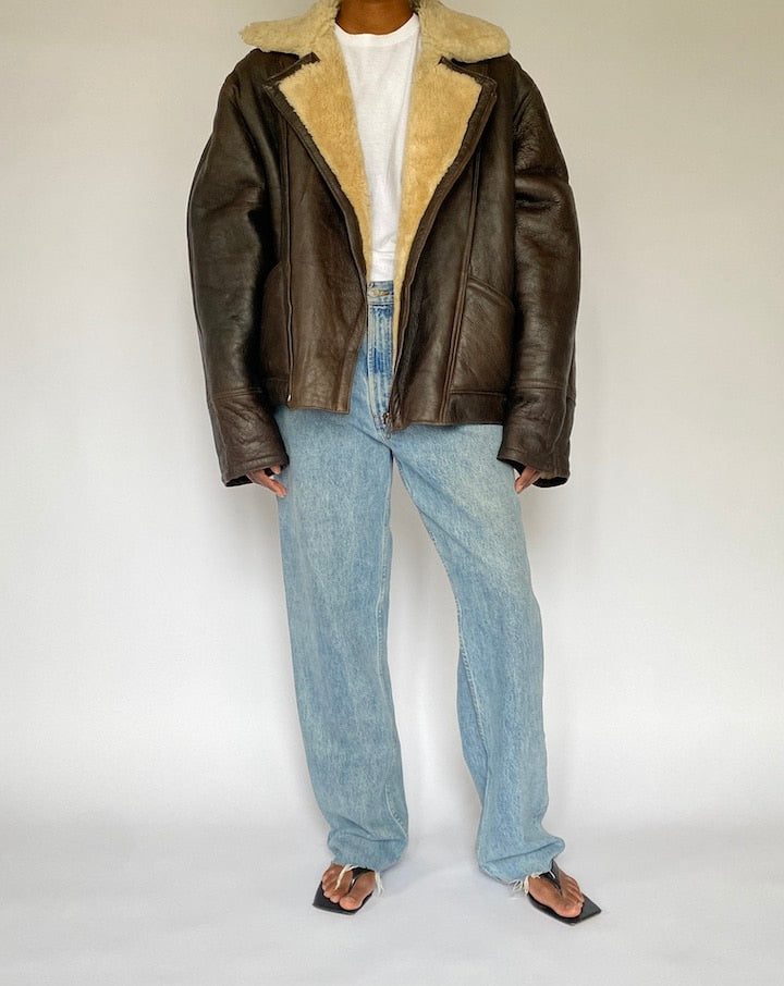 VINTAGE BROWN OVERSIZED SHEARLING LEATHER JACKET 5014