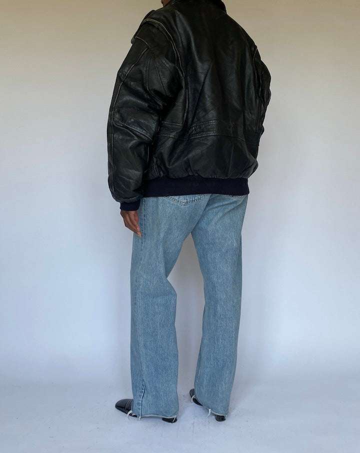Vintage Oversized Black Bomber Like Leather Jacket 4982