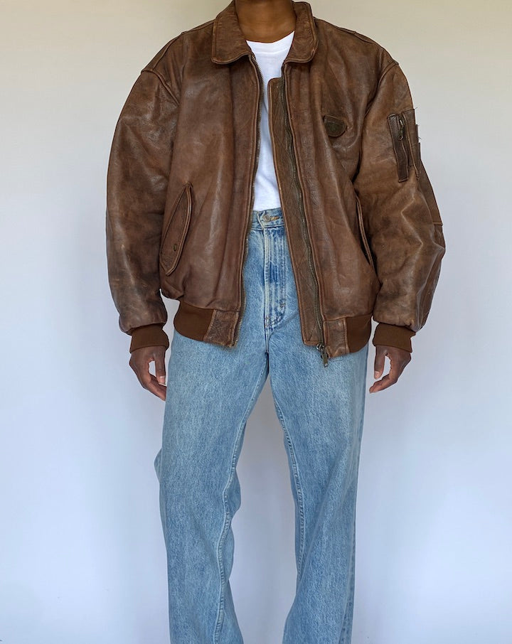 VINTAGE OVERSIZED BOMBER LIKE BROWN LEATHER JACKET 4966