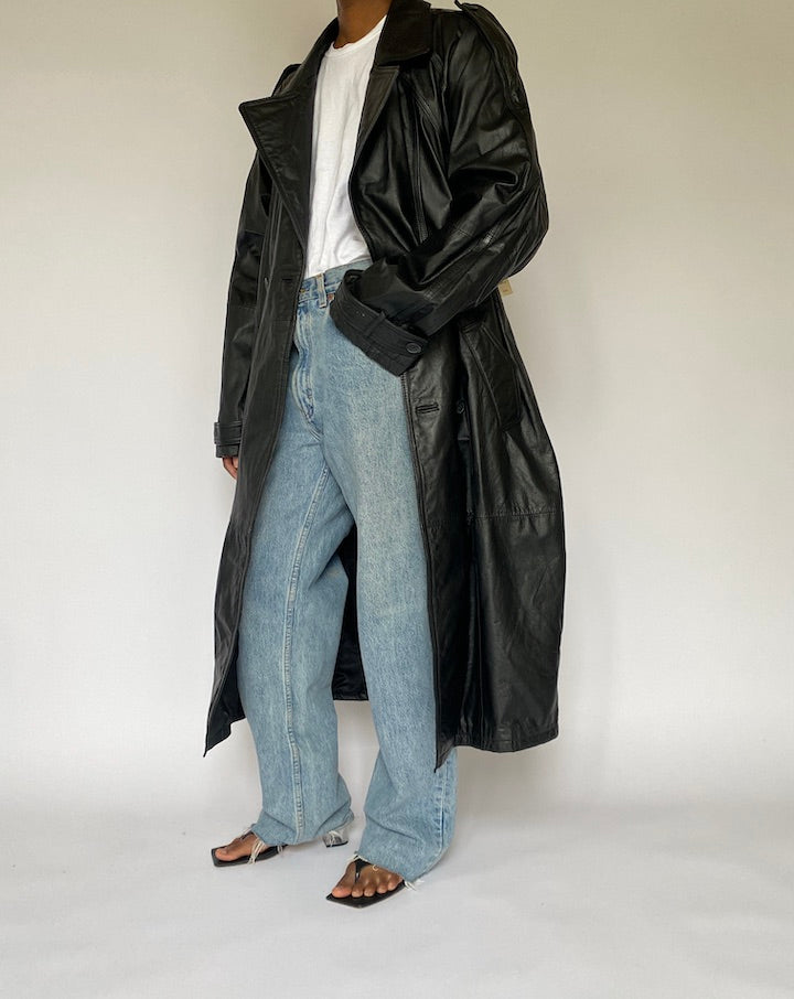 VINTAGE BLACK LONG LEATHER TRENCH COAT 5027