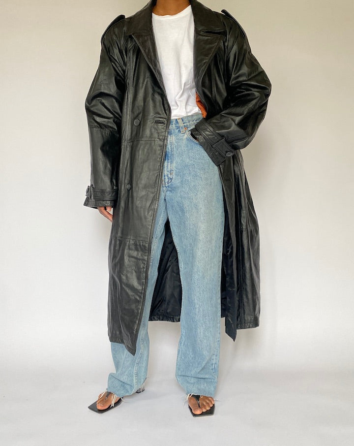 VINTAGE BLACK LONG LEATHER TRENCH COAT 5027