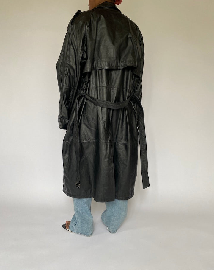 VINTAGE BLACK LONG LEATHER TRENCH COAT 5027