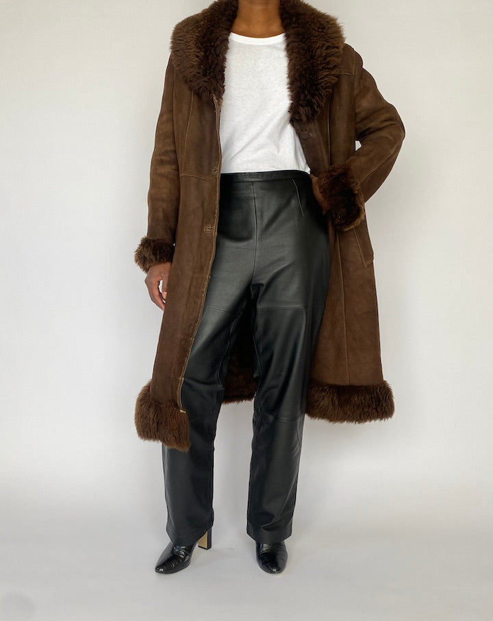 VINTAGE LONG BROWN LEATHER COAT 4988