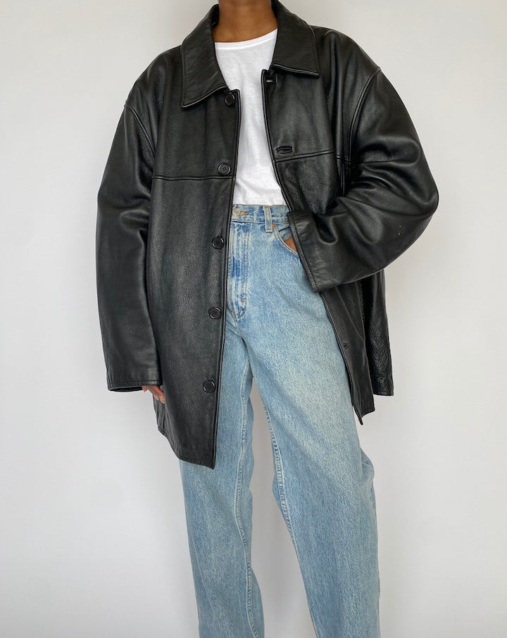 VINTAGE BLACK OVERSIZED LEATHER JACKET 4865