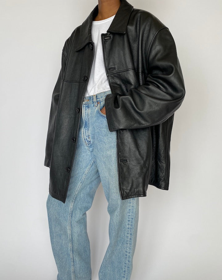 VINTAGE BLACK OVERSIZED LEATHER JACKET 4865