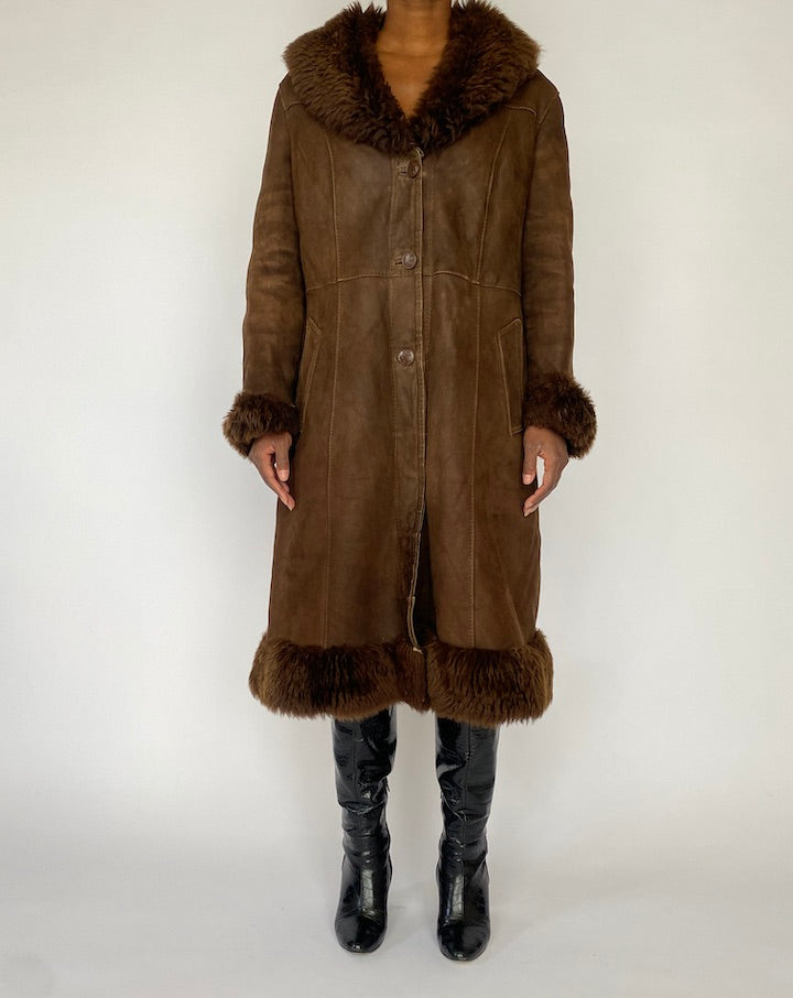 VINTAGE LONG BROWN LEATHER COAT 4988