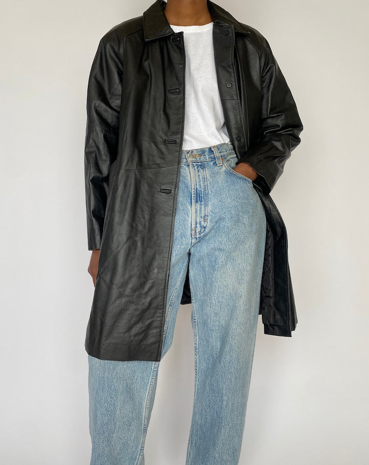 VINTAGE BLACK LONG LEATHER JACKET 4816