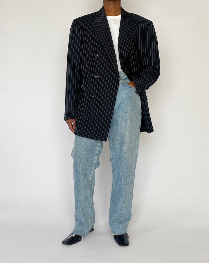 VINTAGE BLACK PINSTRIPED WOOL BLAZER 5161