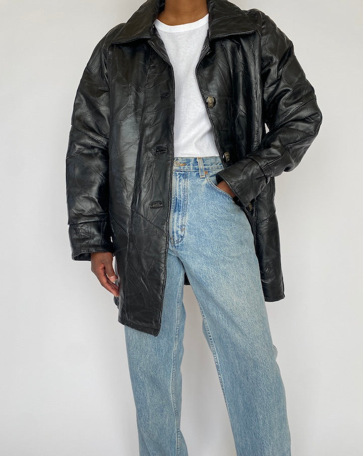 VINTAGE OVERSIZED BLACK TEXTURED LEATHER JACKET 4615