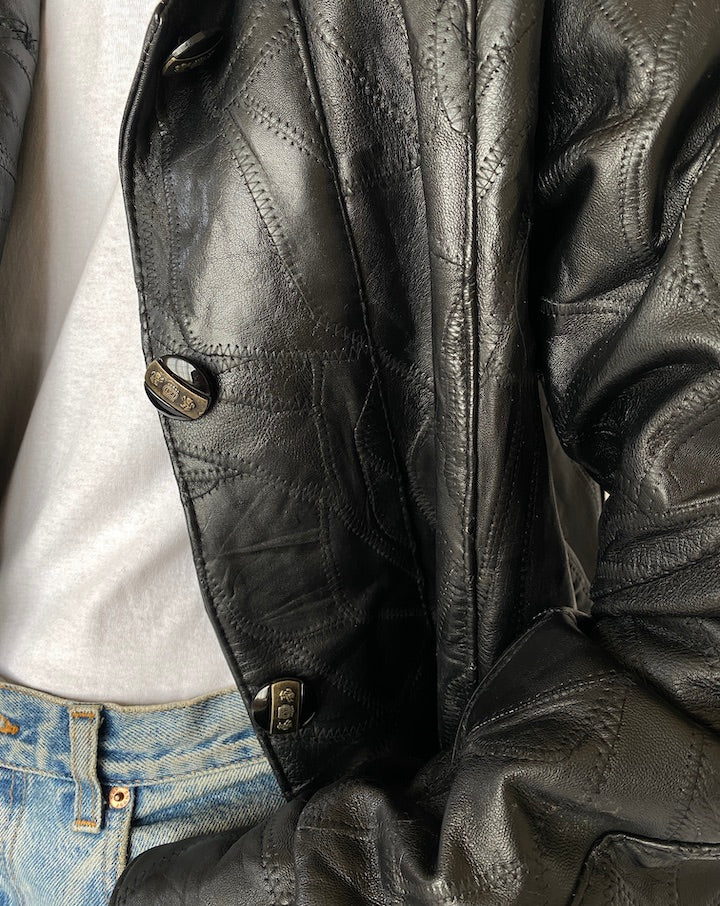 VINTAGE OVERSIZED BLACK TEXTURED LEATHER JACKET 4615