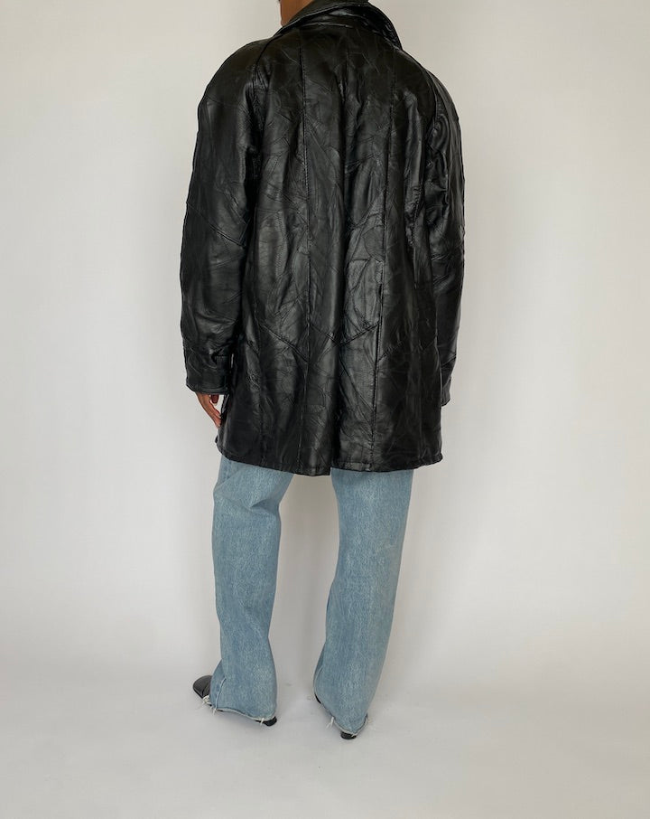 VINTAGE OVERSIZED BLACK TEXTURED LEATHER JACKET 4615