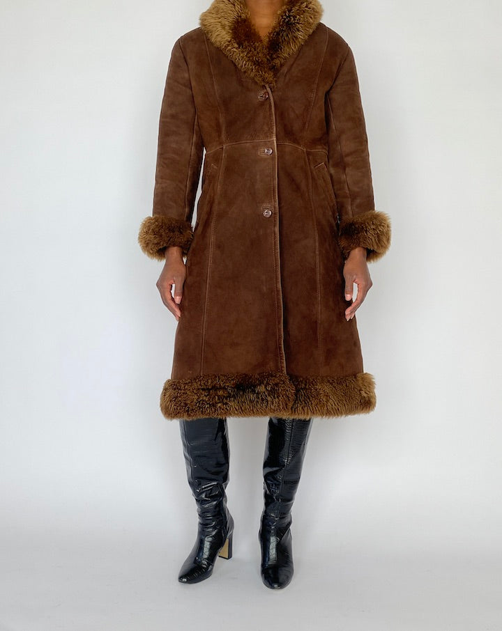 VINTAGE LONG BROWN SHEARLING LEATHER JACKET 4987
