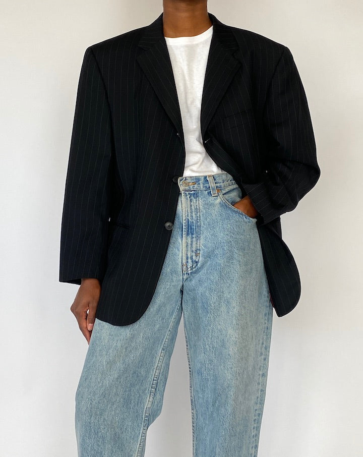 VINTAGE DARK GREY PINSTRIPED WOOL BLAZER 5183