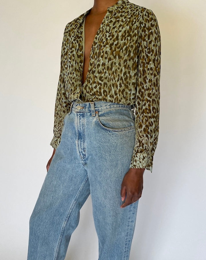 VINTAGE GREEN ANIMAL PRINTED BLOUSE 4505