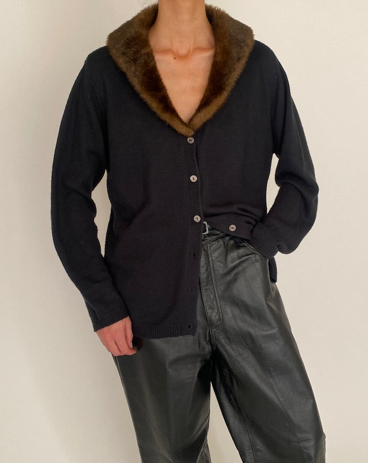 Vintage Black Cardigan with Faux Fur Collar 4638