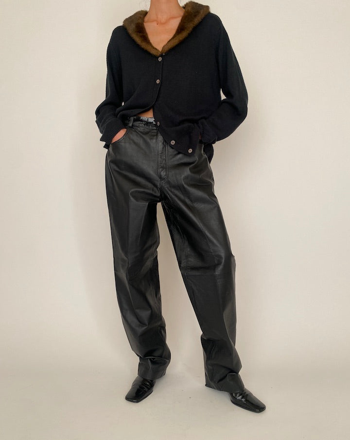 Vintage Black Cardigan with Faux Fur Collar 4638