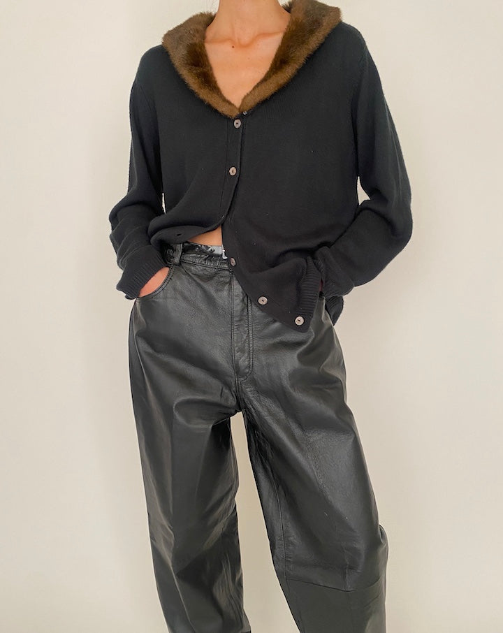 Vintage Black Cardigan with Faux Fur Collar 4638