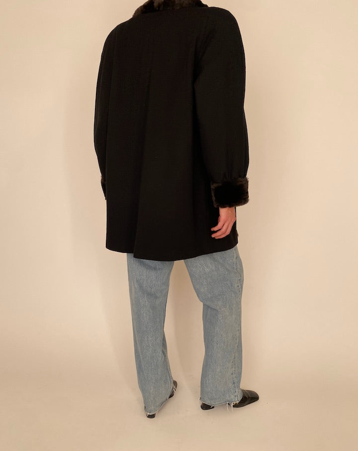 Vintage Black Wool Coat With Faux Fur Collar 4664