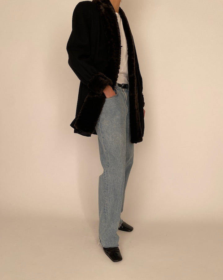 Vintage Black Wool Coat With Faux Fur Collar 4664
