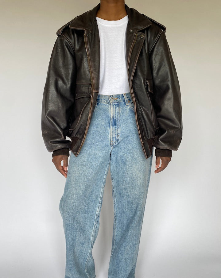 VINTAGE OVERSIZED DARK BROWN BOMBER LEATHER JACKET 4929