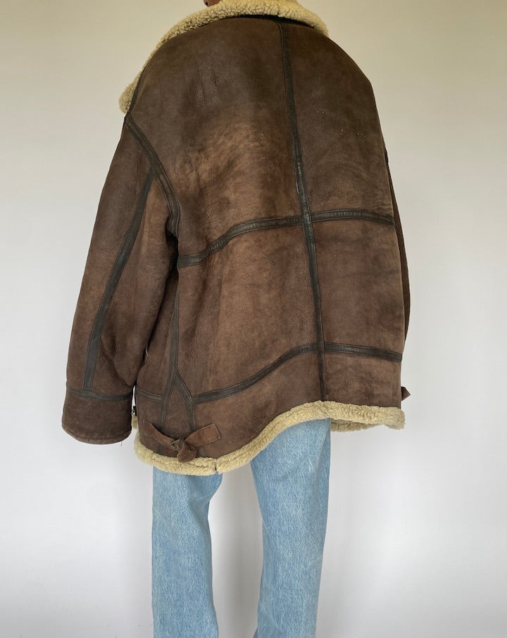 VINTAGE OVERSIZED BROWN SHEARLING JACKET IN LEATHER 4958