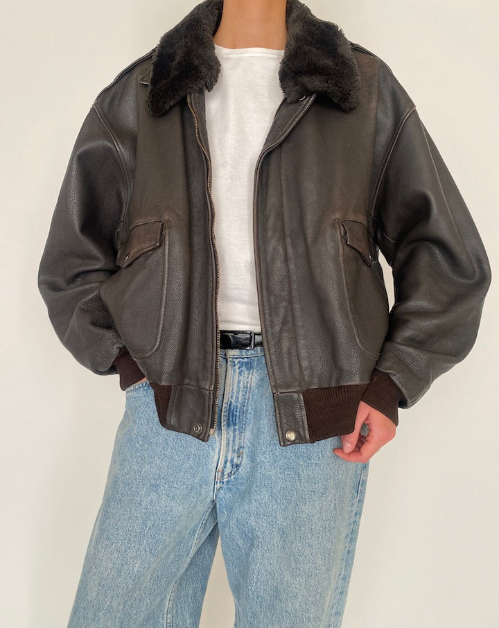 Vintage Dark Brown Leather Jacket with Collar 4921
