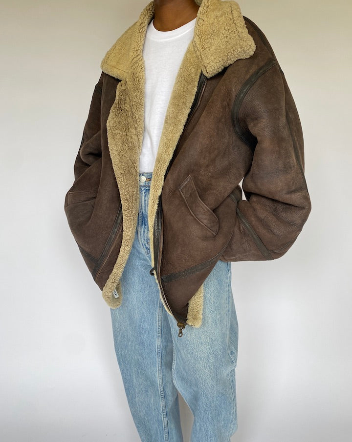 VINTAGE OVERSIZED BROWN SHEARLING JACKET IN LEATHER 4958