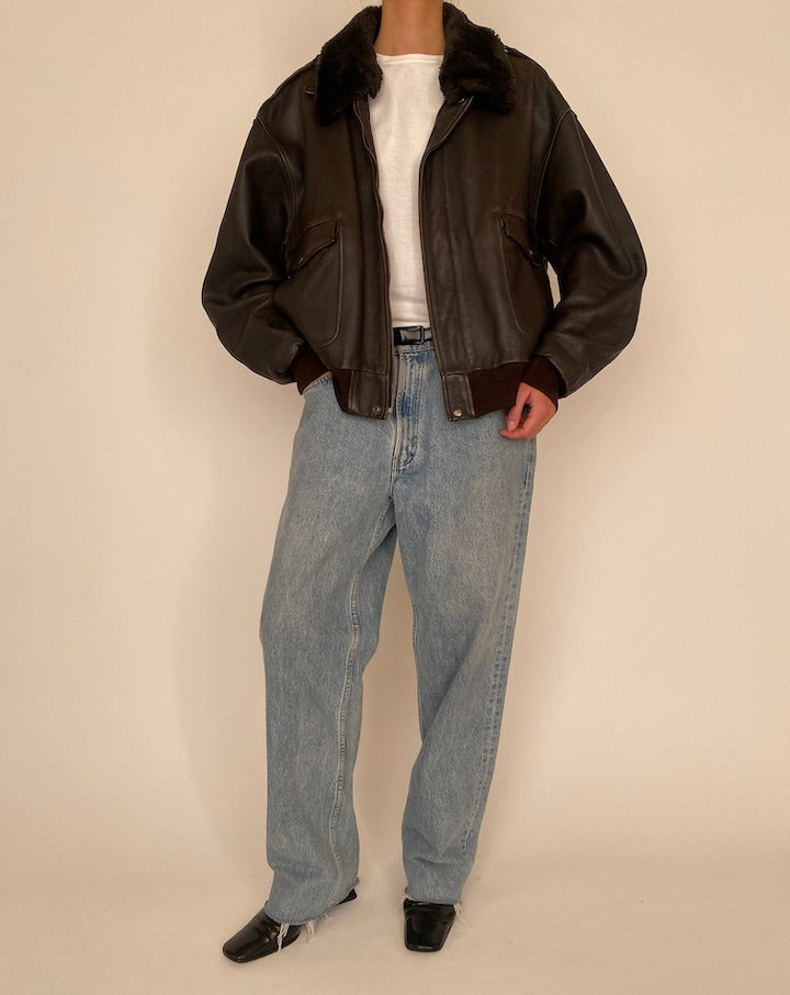Vintage Dark Brown Leather Jacket with Collar 4921