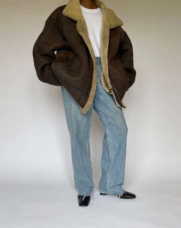 VINTAGE OVERSIZED BROWN SHEARLING JACKET IN LEATHER 4958