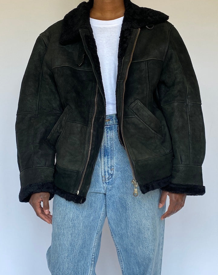 VINTAGE BLACK SHEARLING LEATHER JACKET 4990