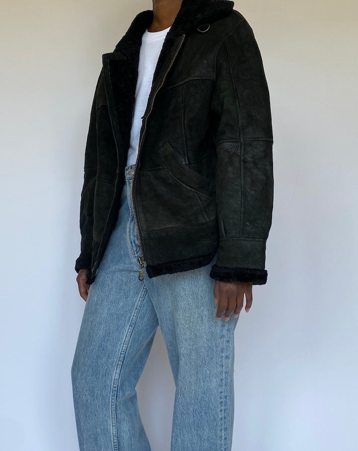VINTAGE BLACK SHEARLING LEATHER JACKET 4990