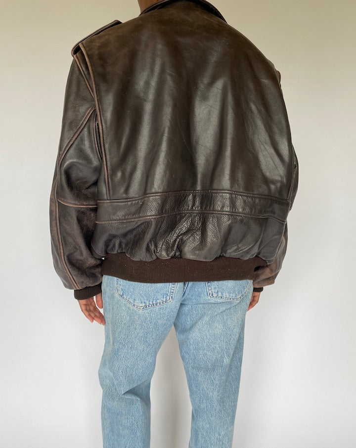 VINTAGE OVERSIZED DARK BROWN BOMBER LEATHER JACKET 4929