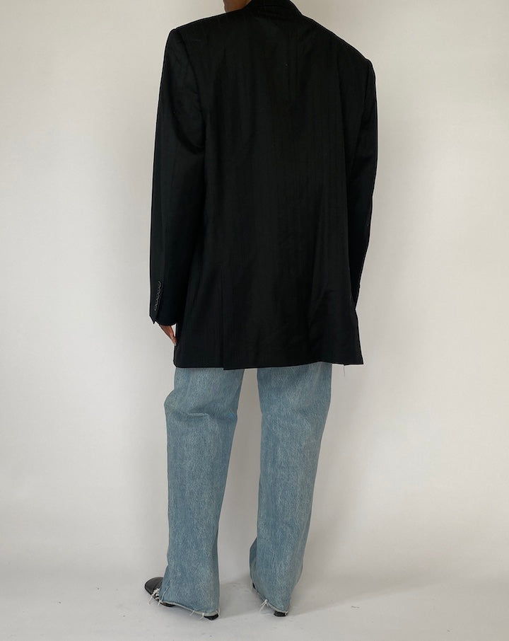 Vintage Oversized Black Pinstriped Wool Blazer 5157