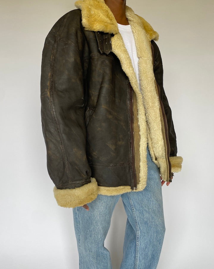 Vintage Oversized Brown Shearling Leather Jacket 4957
