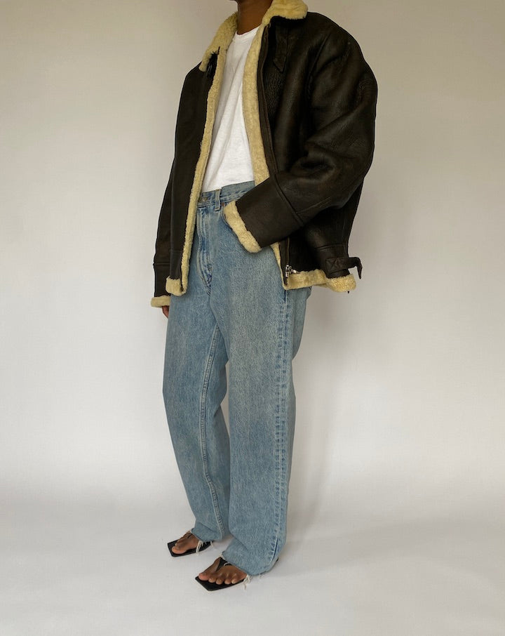 VINTAGE DARK BROWN SHEARLING LEATHER JACKET 5019