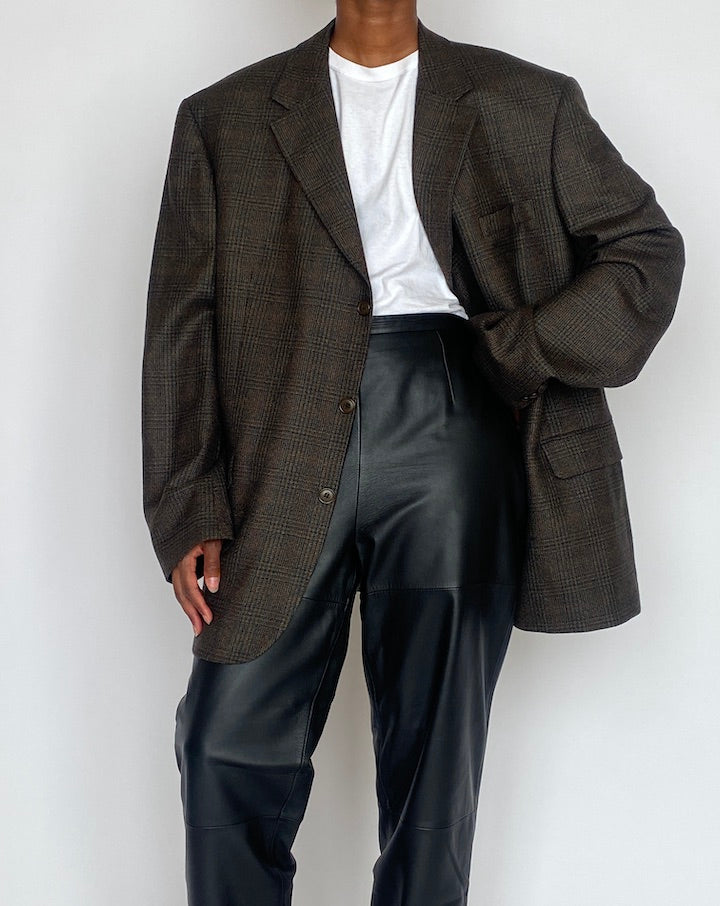 VINTAGE OVERSIZED DARK BROWN CHECKED BLAZER 5121